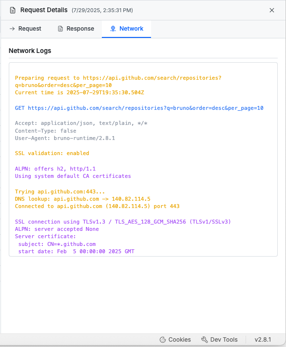 Bruno Dev Tools: Console and Network Logs Made for API Work